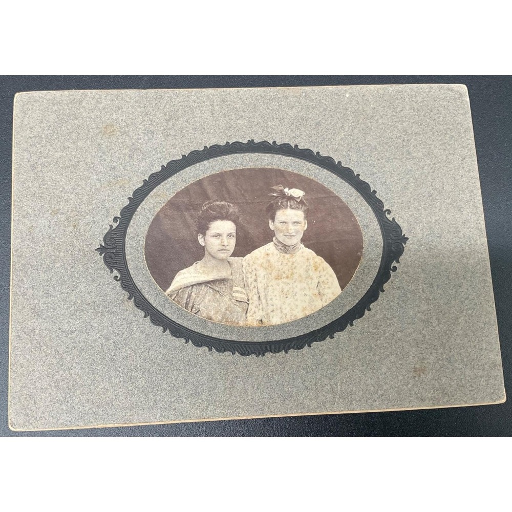 Antique Edwardian Cabinet Card Photo Two Girls Oval Portrait Mounted Photograph